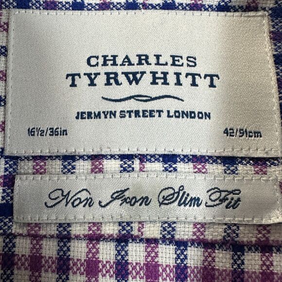 Charles Tyrwhitt Shirt Mens Sz 16.5 /36 Gingham Check Slim Fit Non Iron Business - Picture 7 of 7